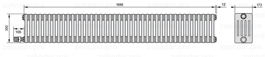 Схема (чертеж) Радиатор Zehnder Charleston 5030/41 №V004 Белый глянцевый RAL 9016
